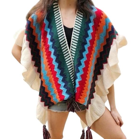 Chevron Soft Knit Poncho / Cape / Cloak / Shawl with Tassels New without Tag - Picture 4 of 6